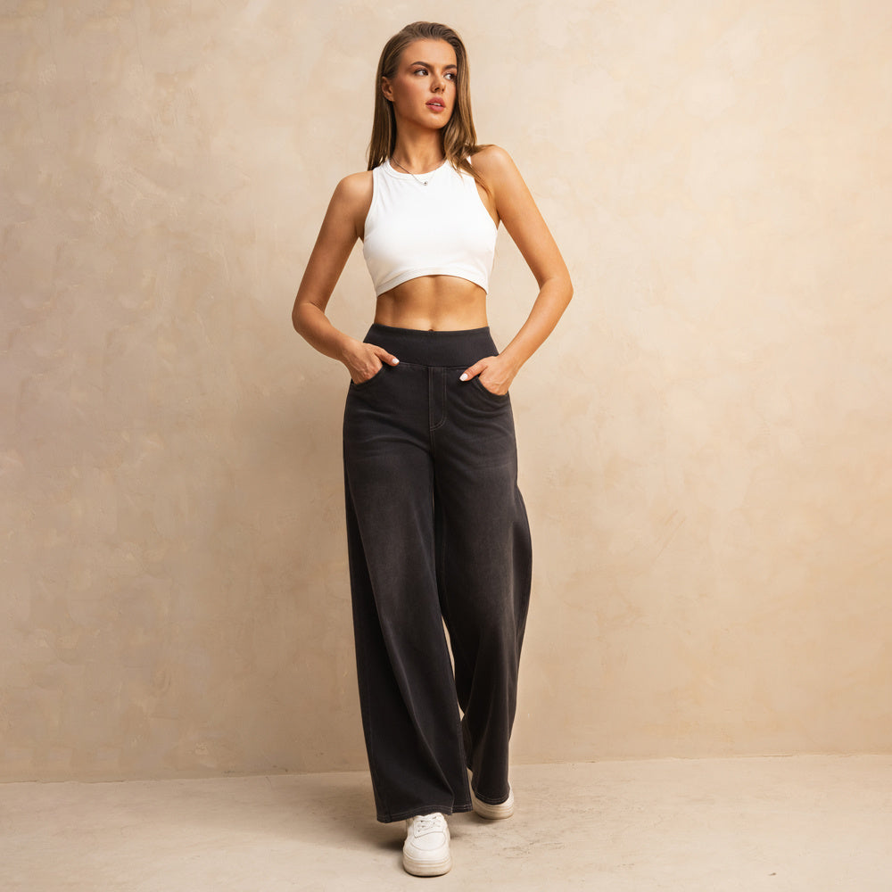 Shascullfites Melody Dark Grey Women's Wide Leg Jeans Multiple Pockets Stretchy Knit Casual Baggy Jeans