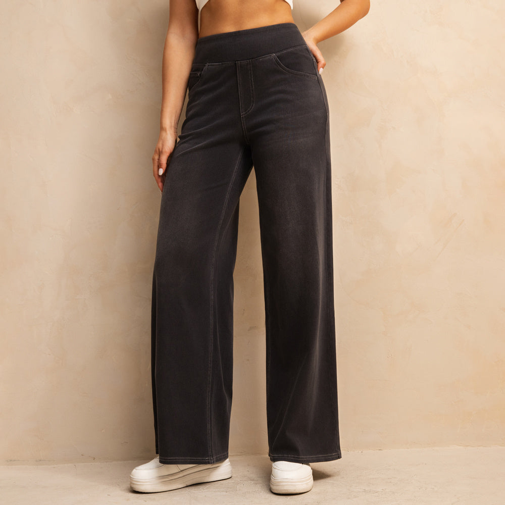 Shascullfites Melody Dark Grey Women's Wide Leg Jeans Multiple Pockets Stretchy Knit Casual Baggy Jeans