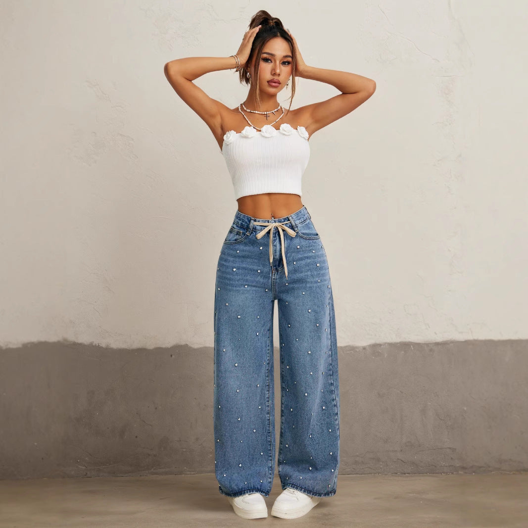 Fashion High Waist Loose Straight With Baht Wide Leg Mop Pants