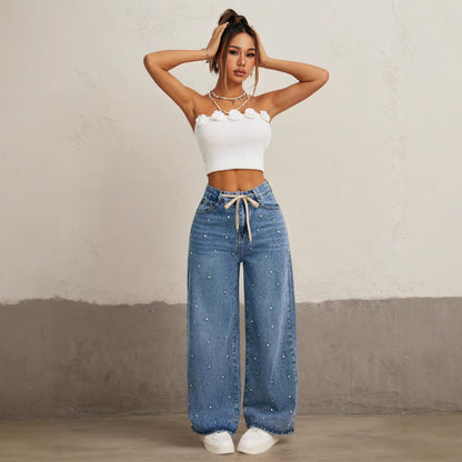 Fashion High Waist Loose Straight With Baht Wide Leg Mop Pants