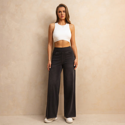 Shascullfites Melody Dark Grey Women's Wide Leg Jeans Multiple Pockets Stretchy Knit Casual Baggy Jeans