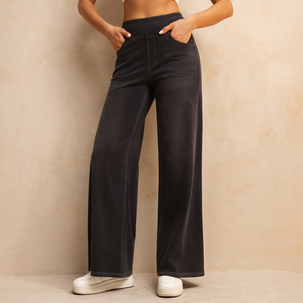 Shascullfites Melody Dark Grey Women's Wide Leg Jeans Multiple Pockets Stretchy Knit Casual Baggy Jeans
